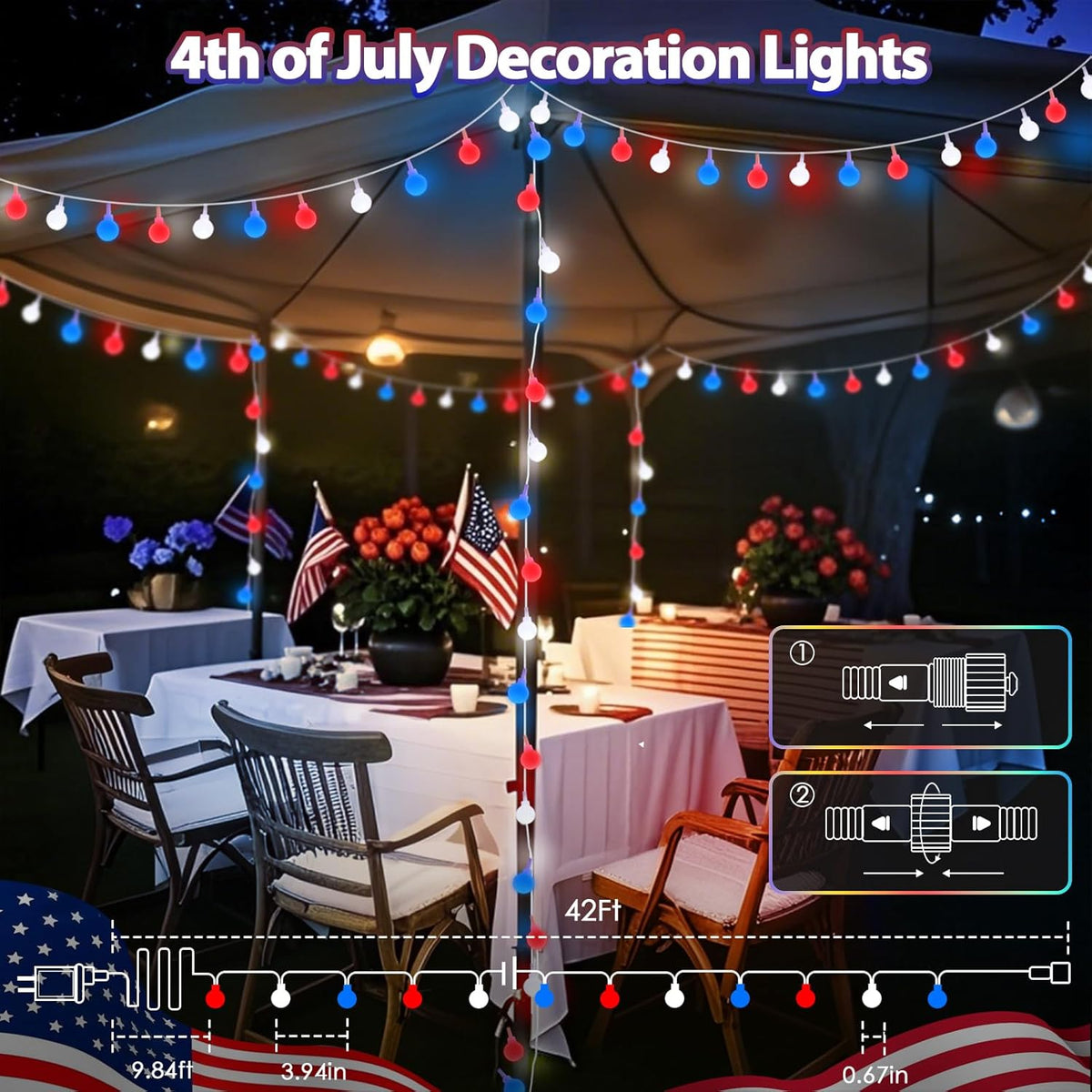 Connectable Red White and Blue String Lights Outdoor Indoor, 42FT 100LED 4th of July Decorations