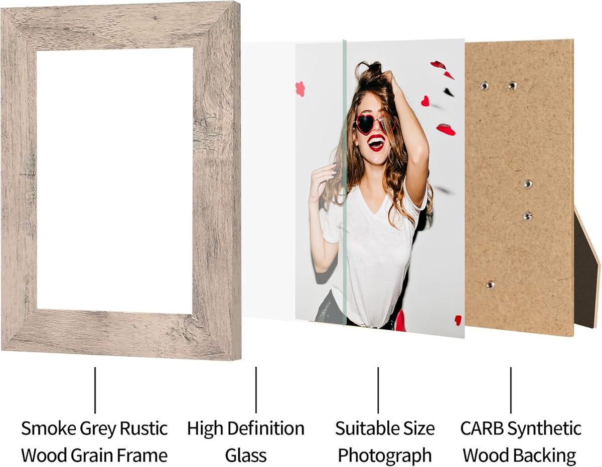 5x7 Picture Frame Set of 4, Smoke Gray Frame with High Definition Glass, 5 x 7 Wood Photo Frames