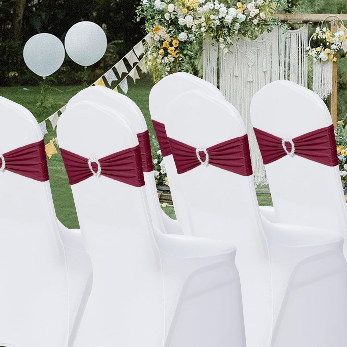 Howhic Pack of 120 Spandex Chair Sashes Bows Stretch Chair Cover Band with Buckle Slider Universal