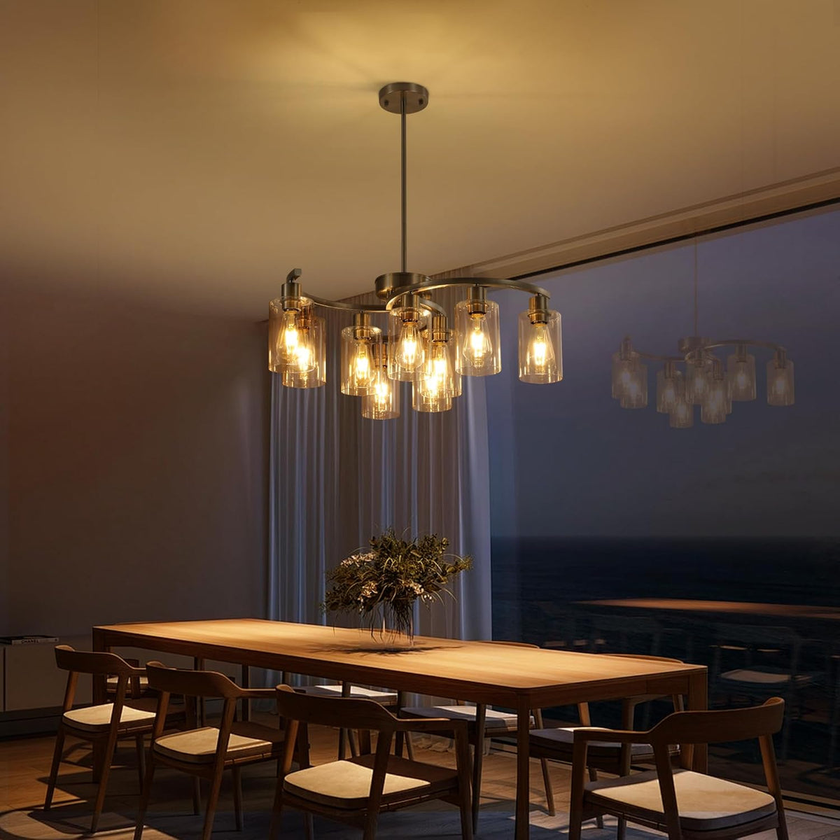 9-Light Brushed Nickel Glass Chandelier, Adjustable Height Hanging Industrial Dining Room