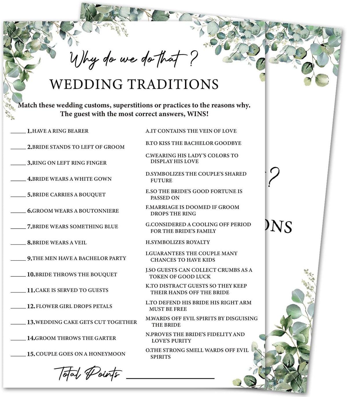 Eucalyptus Bridal Shower Game Cards - Why Do We Do That ? Wedding Traditions, Engagement