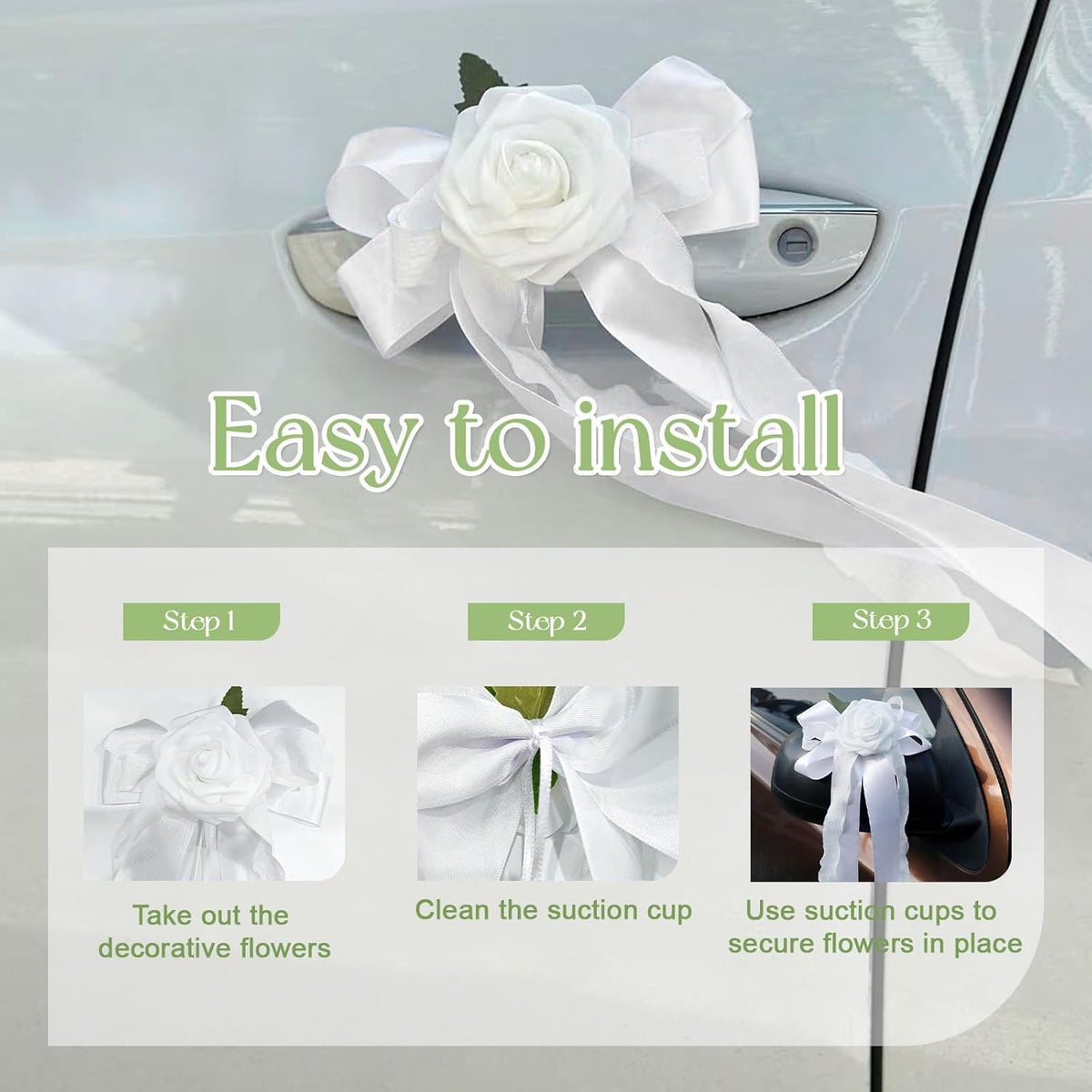 6PCS Wedding Car Door Handle Flowers, White Artificial Cars Rearview Mirror Bouquet Flower Bowknot
