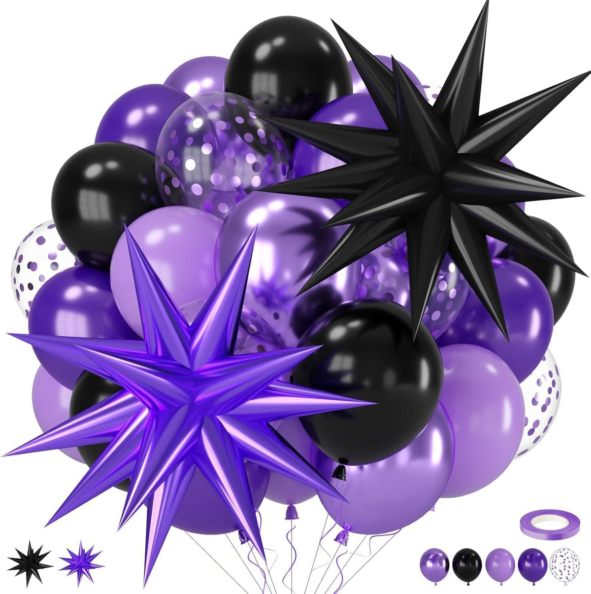 Purple and Black Balloons, 12 Inch Metallic Purple Dark Light Purple Black Confetti Balloon with