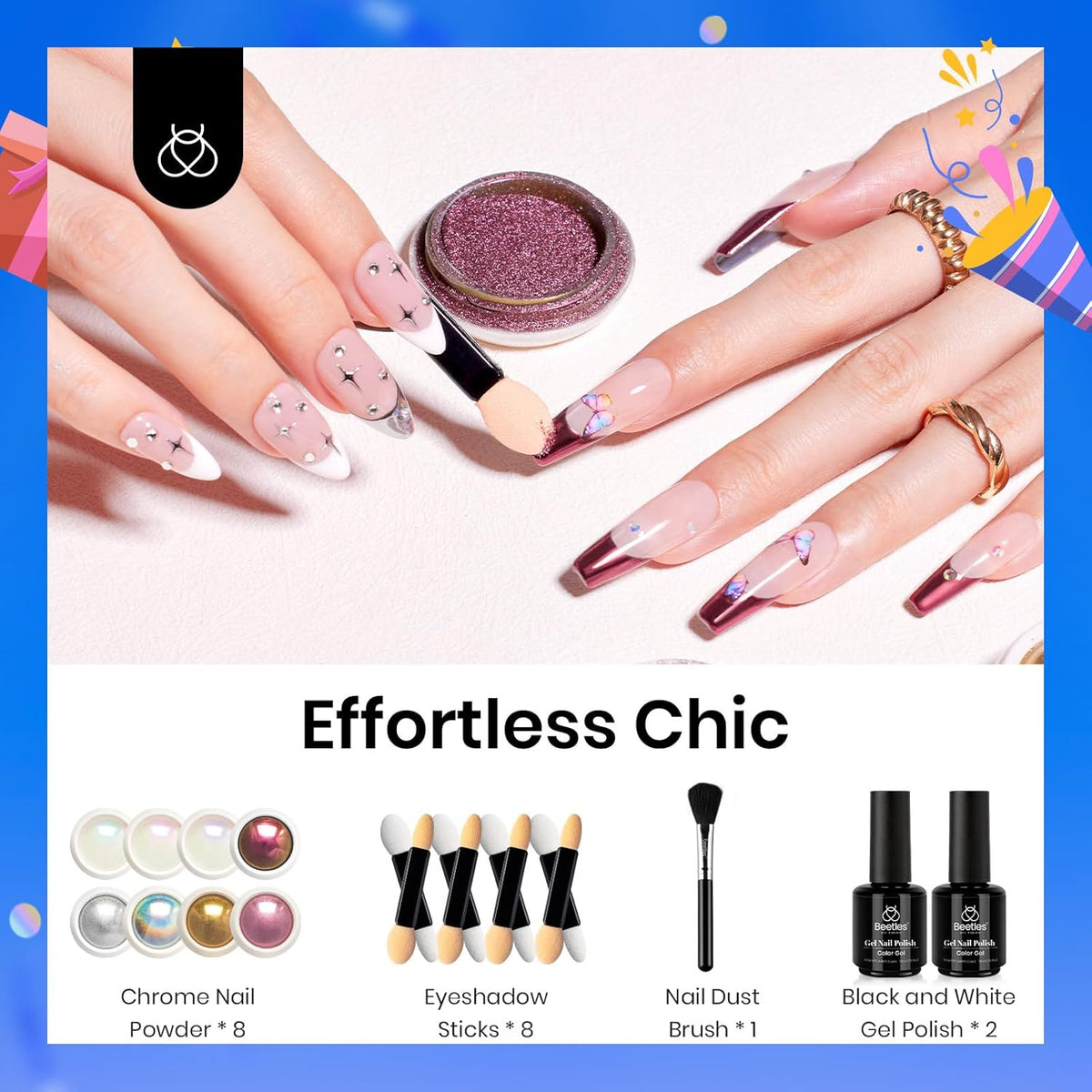 Beetles Metallic Chrome Nail Powder Kit Black White Colors Gel Polish Mirror Effect Holographic