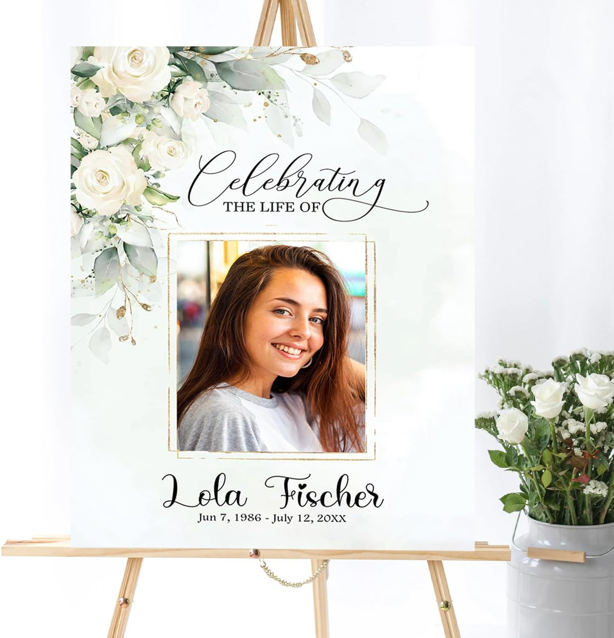 Funeral Welcome Sign with Photo, White Greenery Funeral Welcome Sign, Celebration of Life