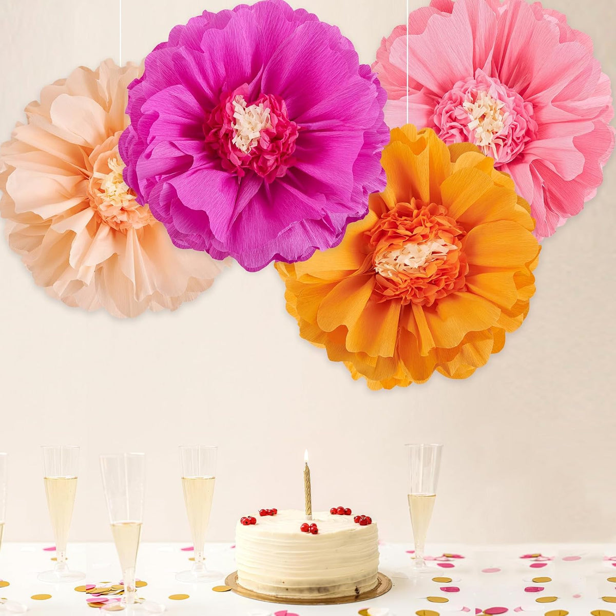 SUNBEAUTY 4 PCS 20" Hot Pink Orange Fall Birthday Party Decorations Giant Paper Flowers Large Crepe