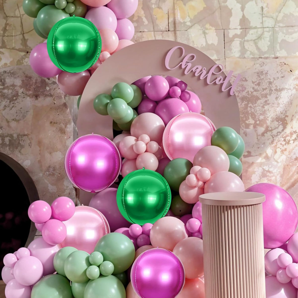 6Pcs Green Pink Round Foil Balloons,Giant 4D Round Ball Balloon,22 Inch Metallic Green Pink