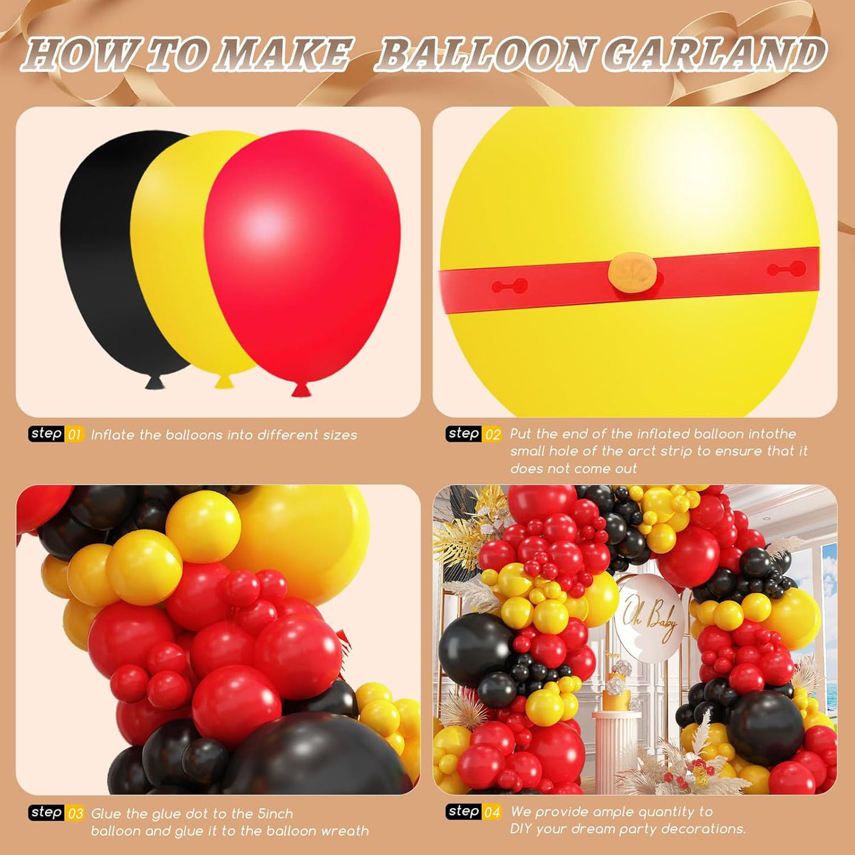 412Pcs Red Yellow Black Balloon Garland Arch Kit,18 12 10 5 Different Sizes Latex Party Balloons
