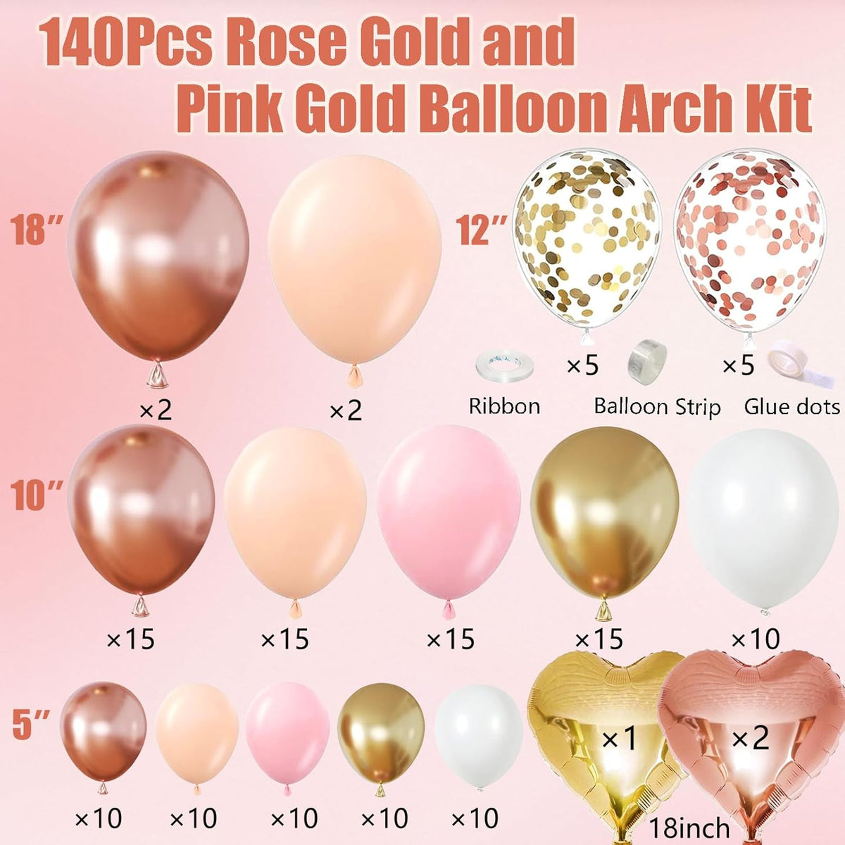 Rose Gold Balloon Garland Arch Kit, 140Pcs Nude Pastel Pink Metallic Gold White Balloons Gold and