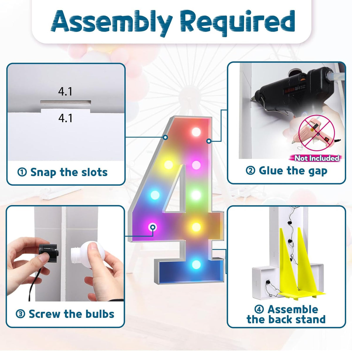 imprsv 3FT Colorful Marquee Numbers,18 Colors Number 4 with Remote, Light Up Numbers Sign for 24th