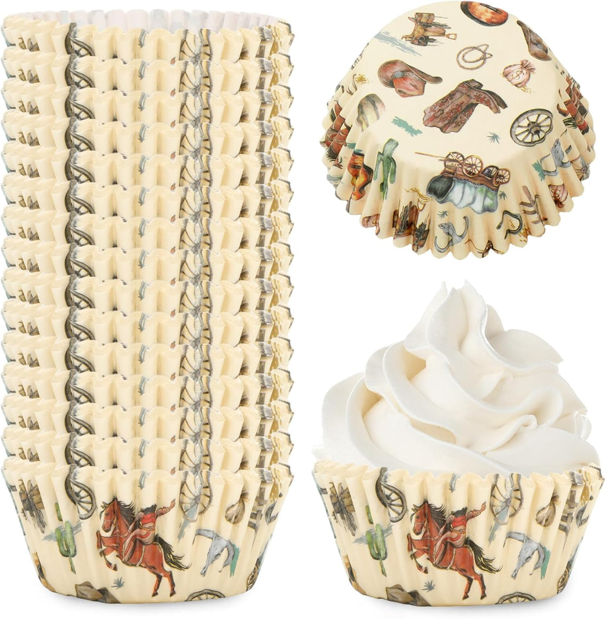 Whaline 300Pcs Western Cowboy Cupcake Liners Western Theme Paper Baking Cup Retro Wild West Cowboy