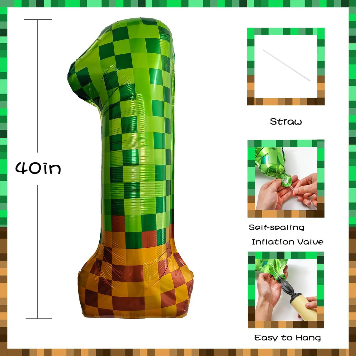 Pixel & TNT Theme 40in Giant Number Balloons - Foil Mylar Birthday Party Decorations for Kids