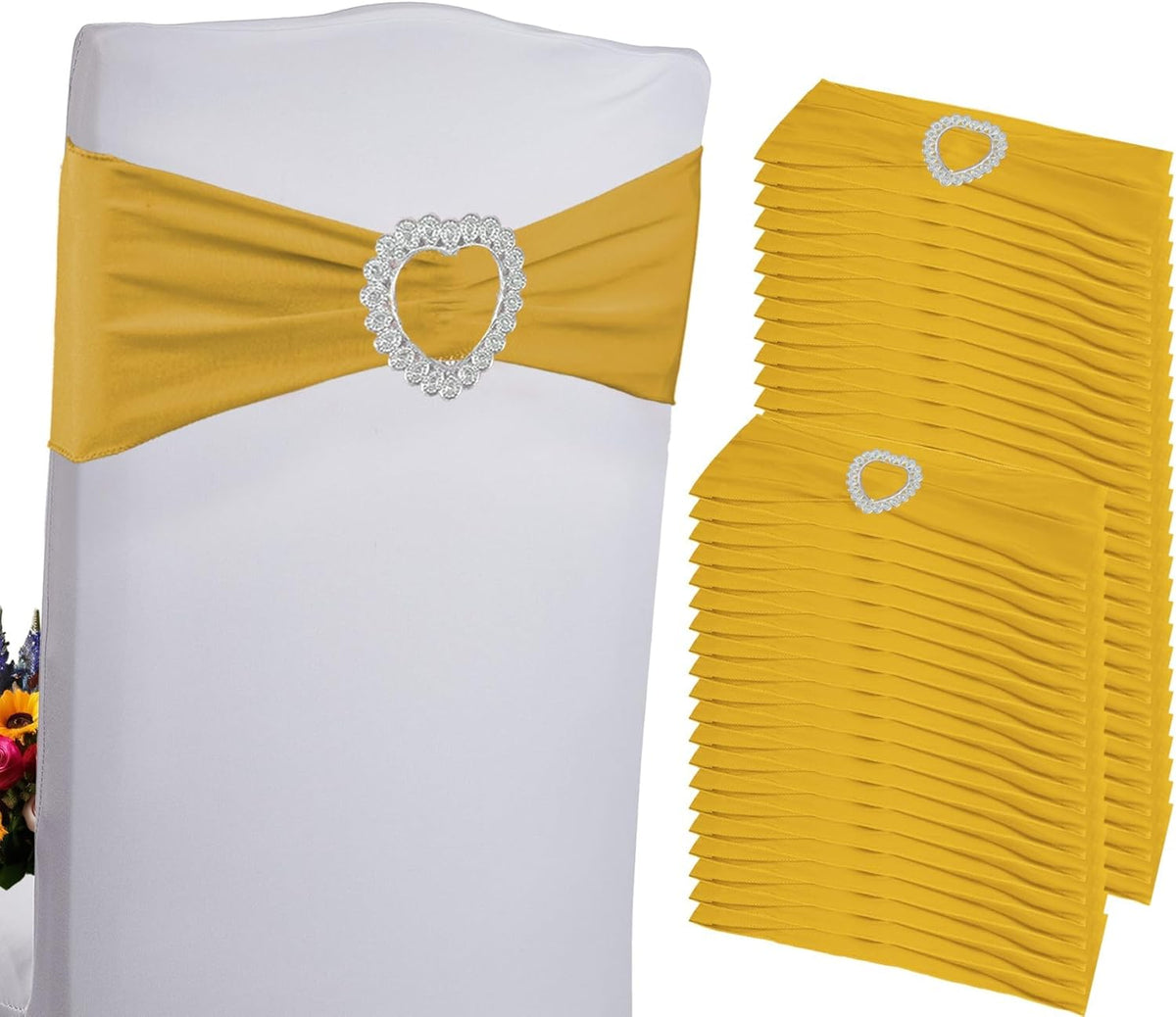 100PCS Spandex Stretch Gold Chair Sashes Bows Universal Elastic Chair Cover Bands Ties with Buckle