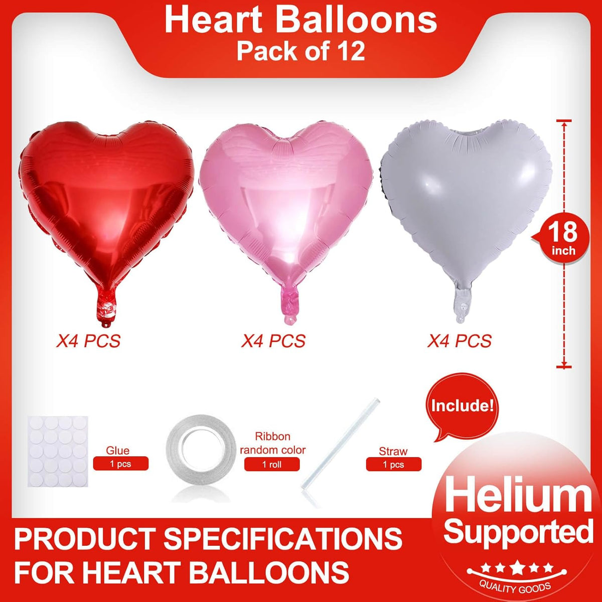 Red Heart Shaped balloons Pack of 12,18 Inch White Love Valentine Balloons Pink Heart Romantic