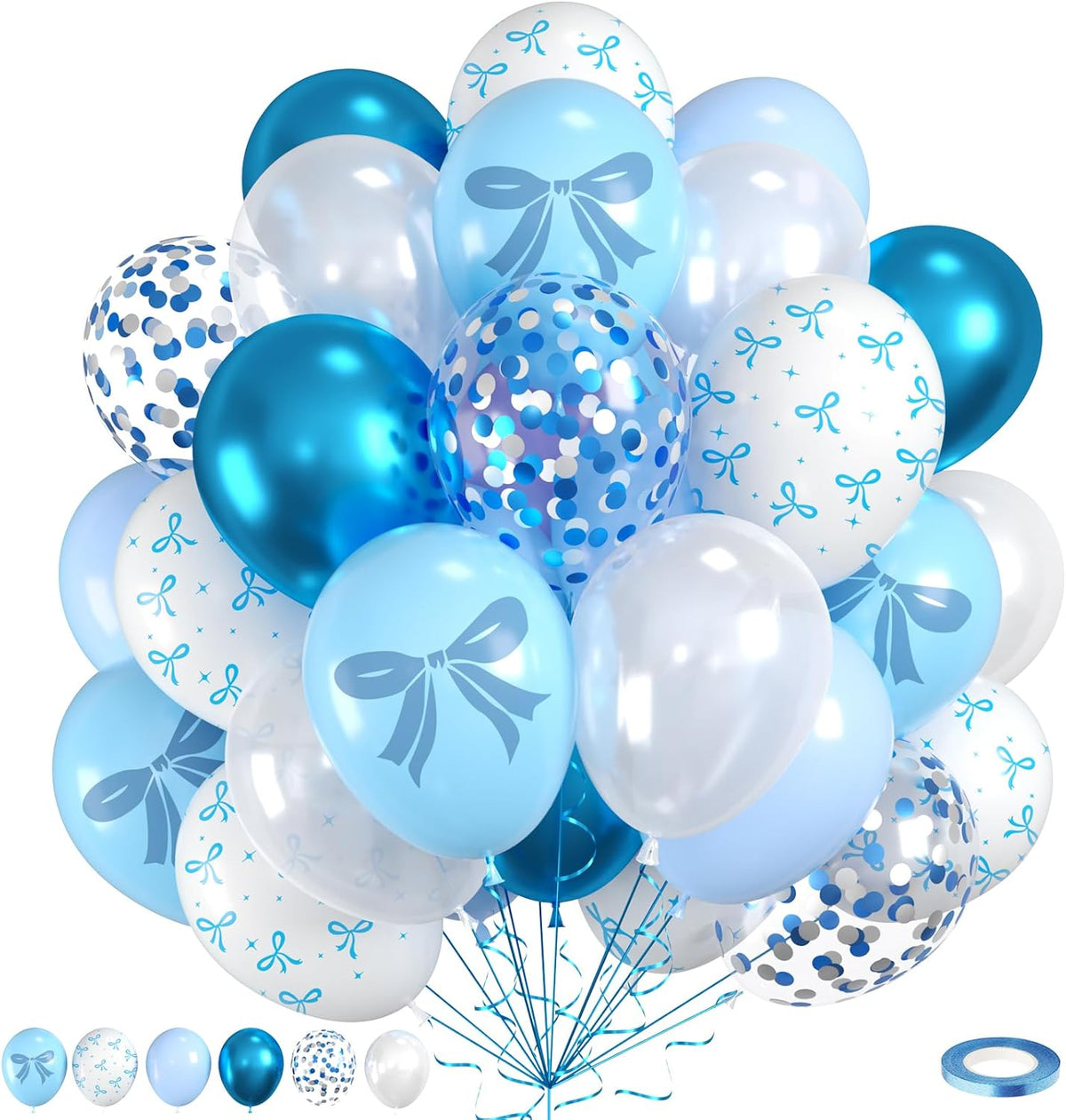 Blue Bow Balloons, 60pcs White And Blue Balloons, Metallic Macaron Preal White Balloon Bow Print