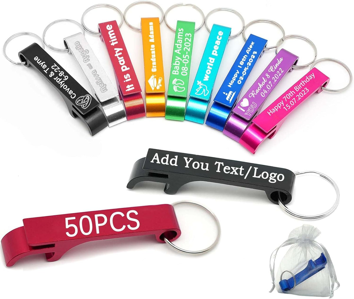 50pcs Personalized Bottle Opener Keychain Bulk Custom Engraved Text/Logo Keychains Customized Beer