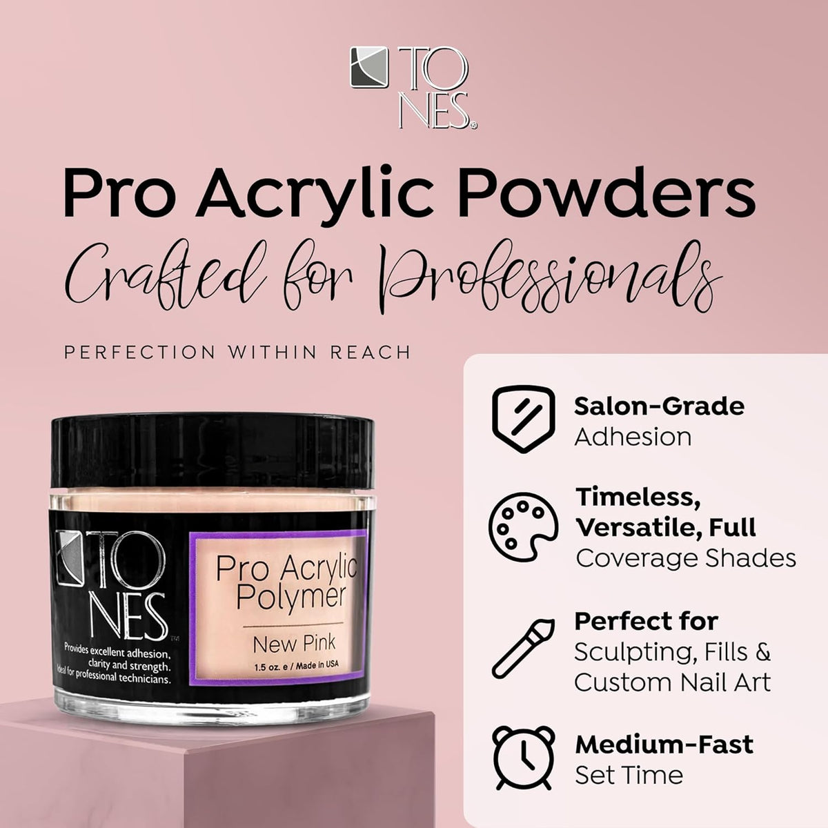 Tones Pro Acrylic Nail Powder, New Pink (Fresh Peach-Toned Pink), (1.5 Fl Oz) - Long-Lasting &