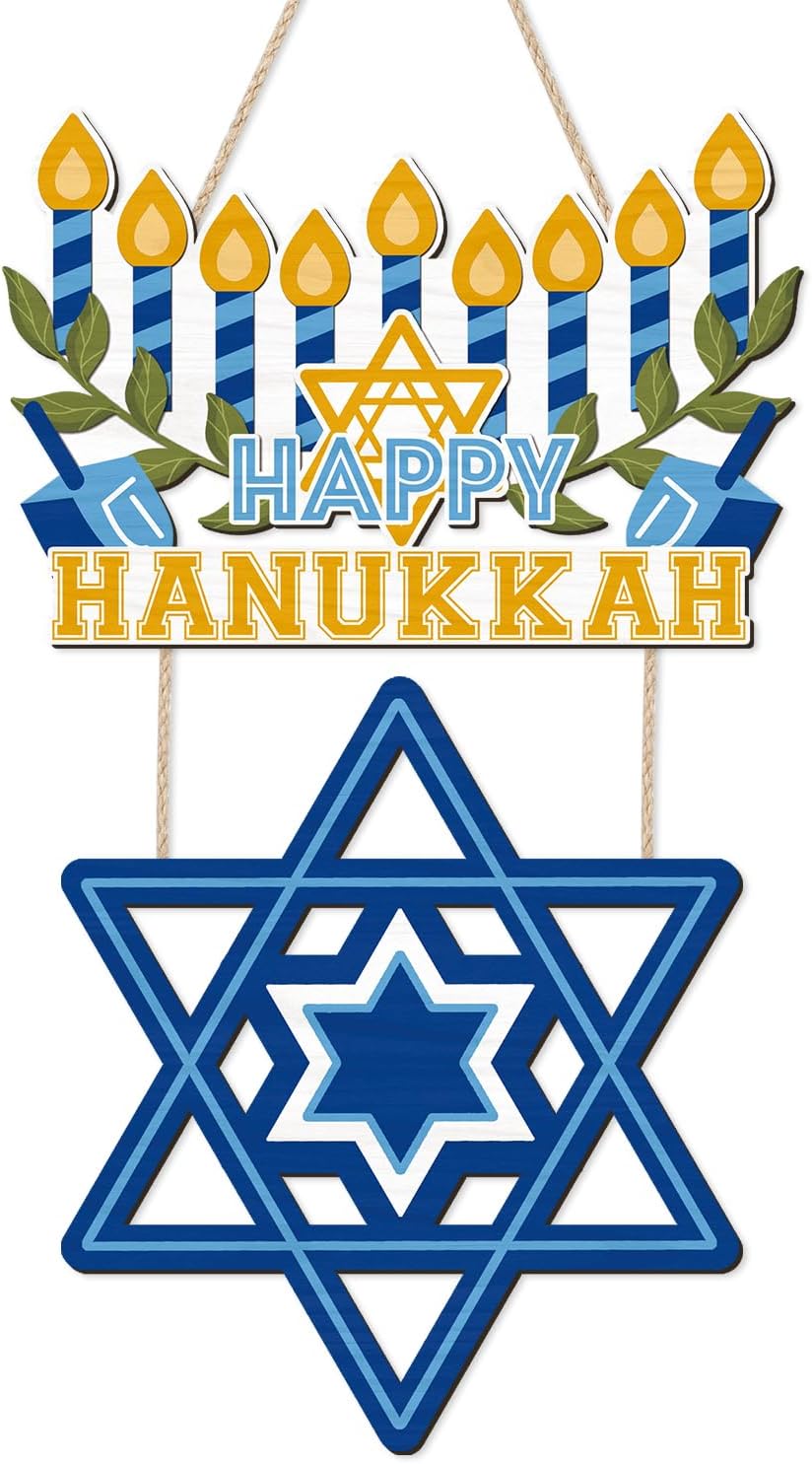 CHDITB Happy Hanukkah Shalom Front Door Sign(12"x20"), Wooden Jewish Festival of Light Blue Menorah