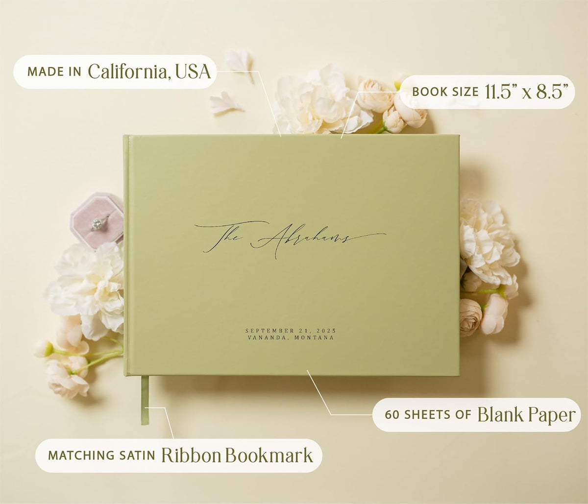 MUUJEE Personalized Guestbook in Sage - Premium Custom Modern Guest Book for Wedding Reception