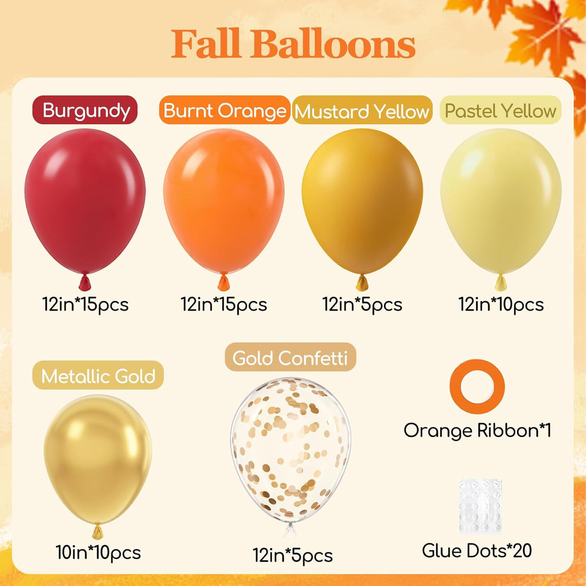 60pcs 12inch Fall Thanksgiving Balloons with Burgundy Burnt Orange Pastel Mustard Yellow Metallic