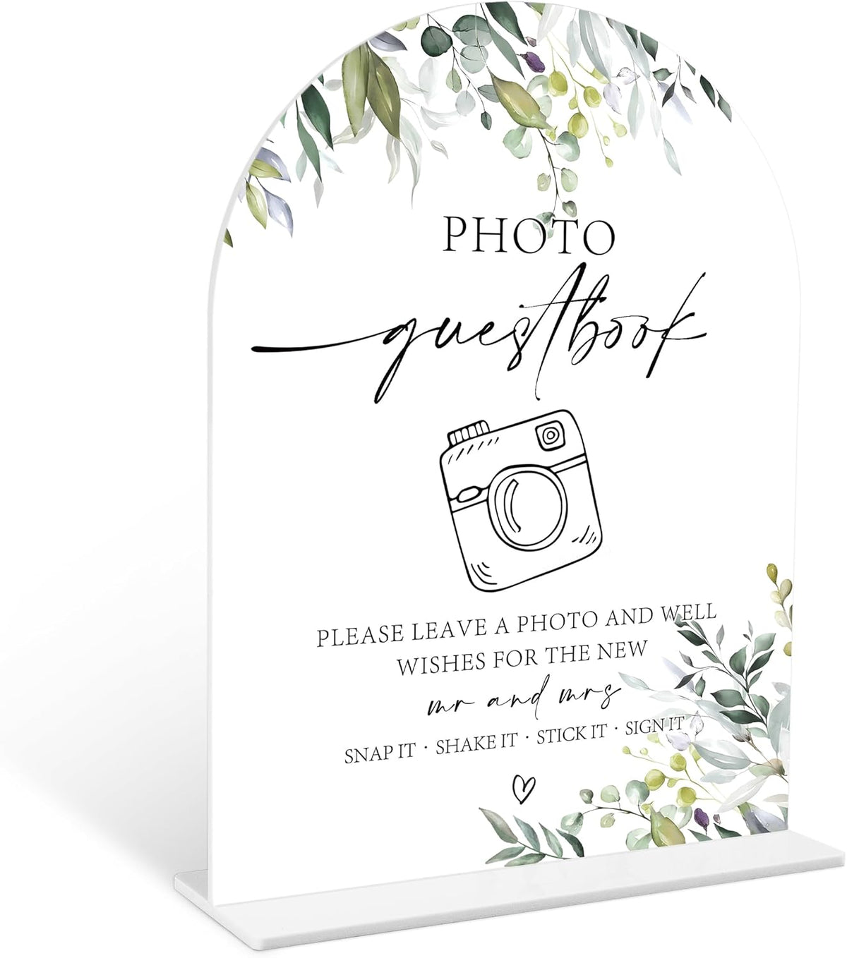Greenery Photo Guestbook Sign, 6 x 8 Inch White Arch Acrylic Wedding Sign with Holder, Wedding Sign