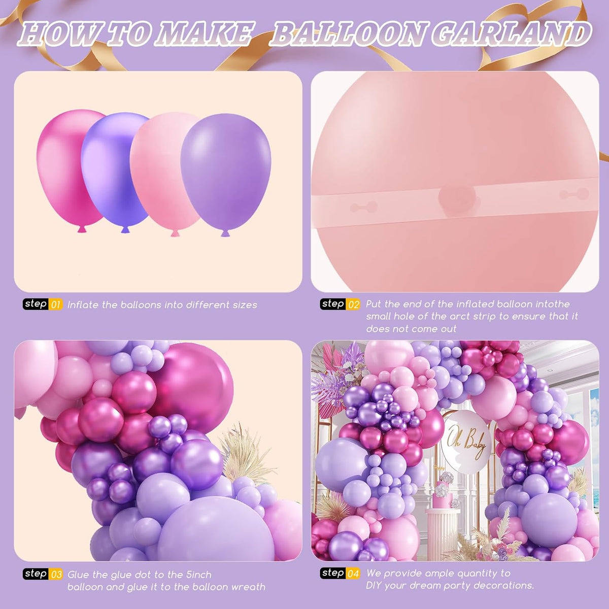 412pcs Pink and Purple Balloons, Different Sizes 18 12 10 5 Inch Pink and Purple Balloons Garland