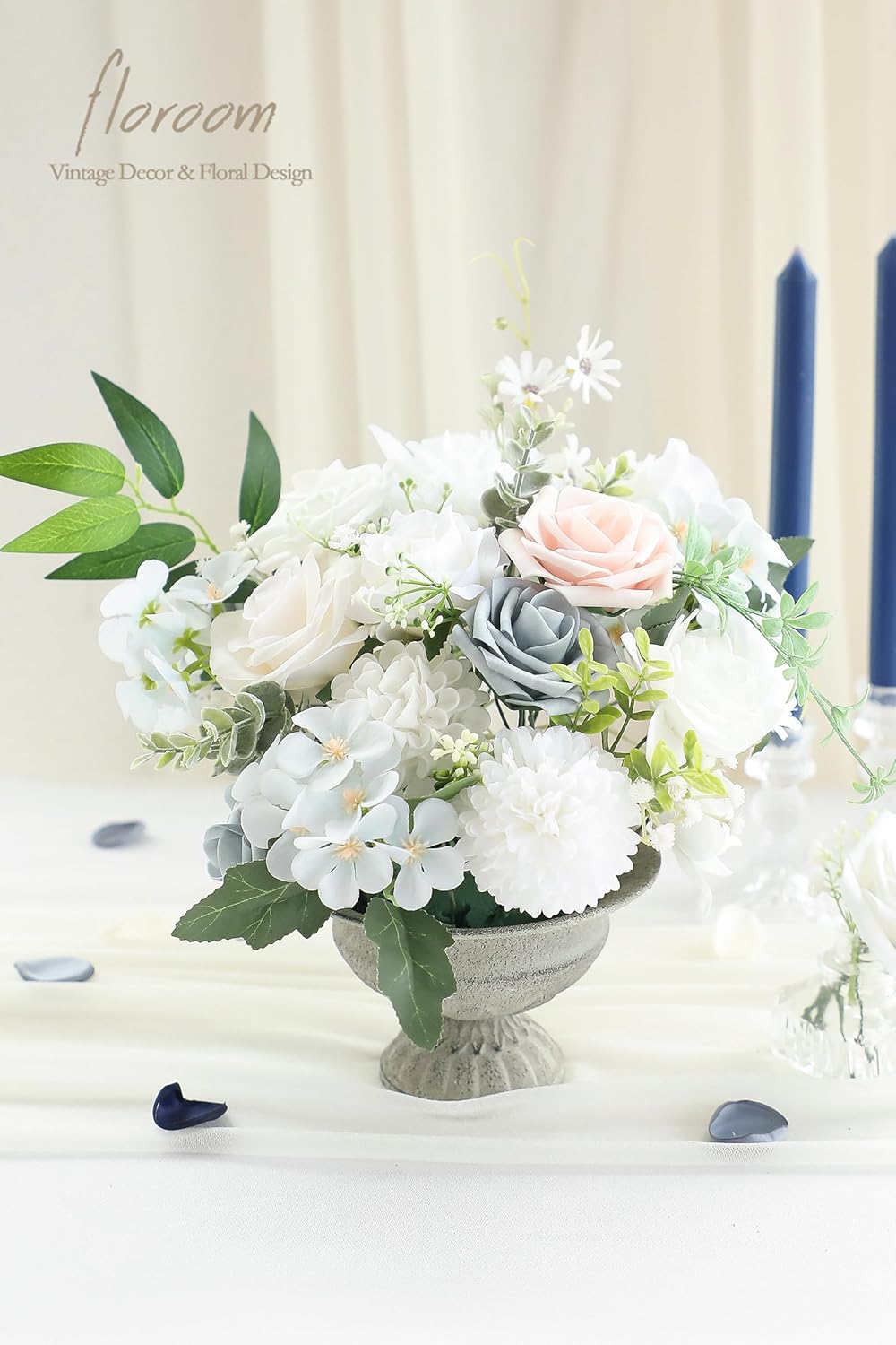 Floroom Powder Blue Ivory Artificial Flowers Fake Roses Dahlias and Greenery Combo Box Set for DIY