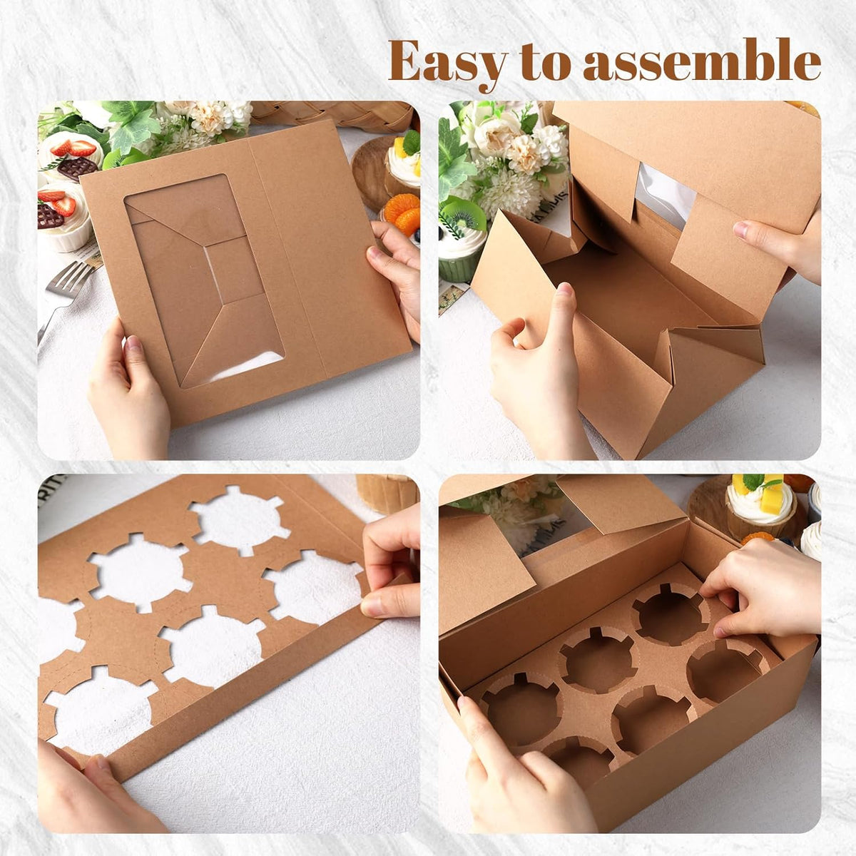 HANSGO 6 PCS Cupcake Boxes, 9.5x6.3x3.5 Inch Cupcake Containers Brown Pastry Boxes with Inserts 6