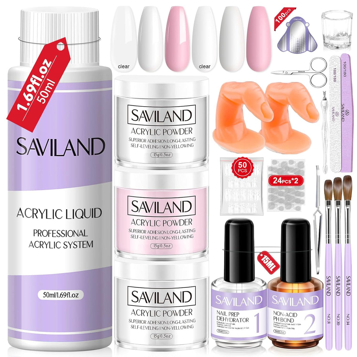 SAVILAND Essentials Acrylic Nail Kit for Beginners: White Pink Clear Acrylic Powder and Liquid Set