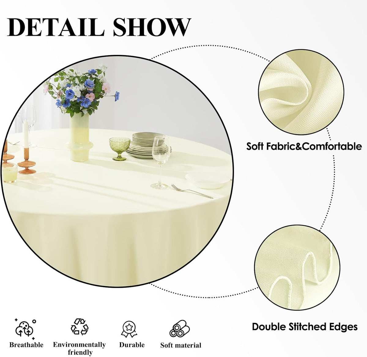 Round Tablecloth 120 Inch Tablecloth 6 Pack Ivory Table Cloths Washable Decorative Polyester