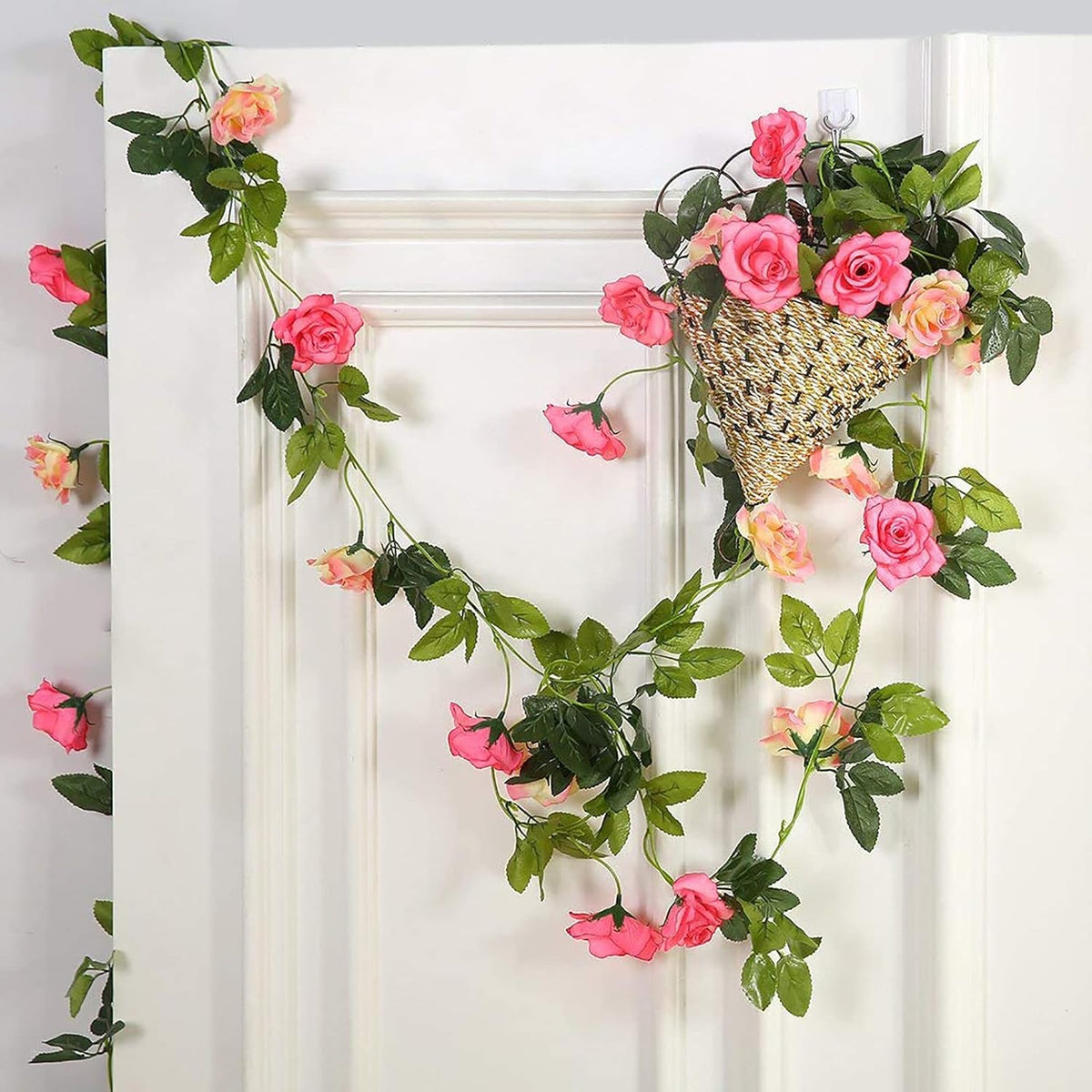 JUSTOYOU Artificial Rose Garland Vines Pink Flowers Hanging Silk Rose Vine for Wedding Home Office