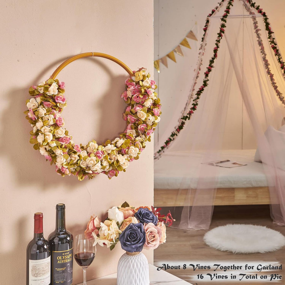 6 Pcs x 8.2 ft Flower Garland Artificial Rose Vine Flowers with Green Leaves Hanging Fake Roses