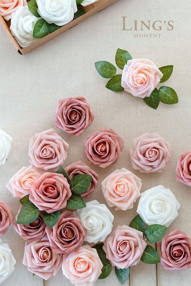 Ling's Moment Artificial Flowers, 25Pcs 3" Roses in Dusty Rose Shades, Realistic DIY Foam Floral