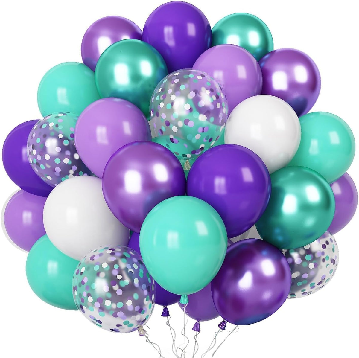 Mermaid Party Balloons 55 Pack, 12 Inch Metallic Purple Teal Blue Turquoise Green White Confetti