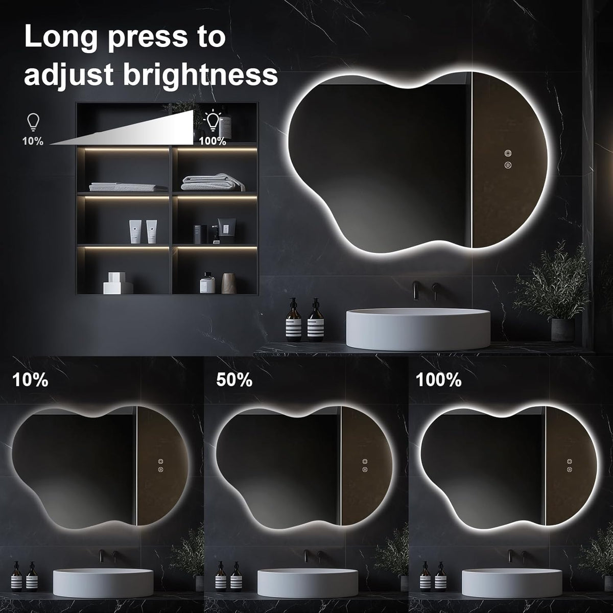 40"x30" Asymmetrical LED Bathroom Wall Mirror with Dual Lighting, Anti-Fog Pad, Dimmable Brightness