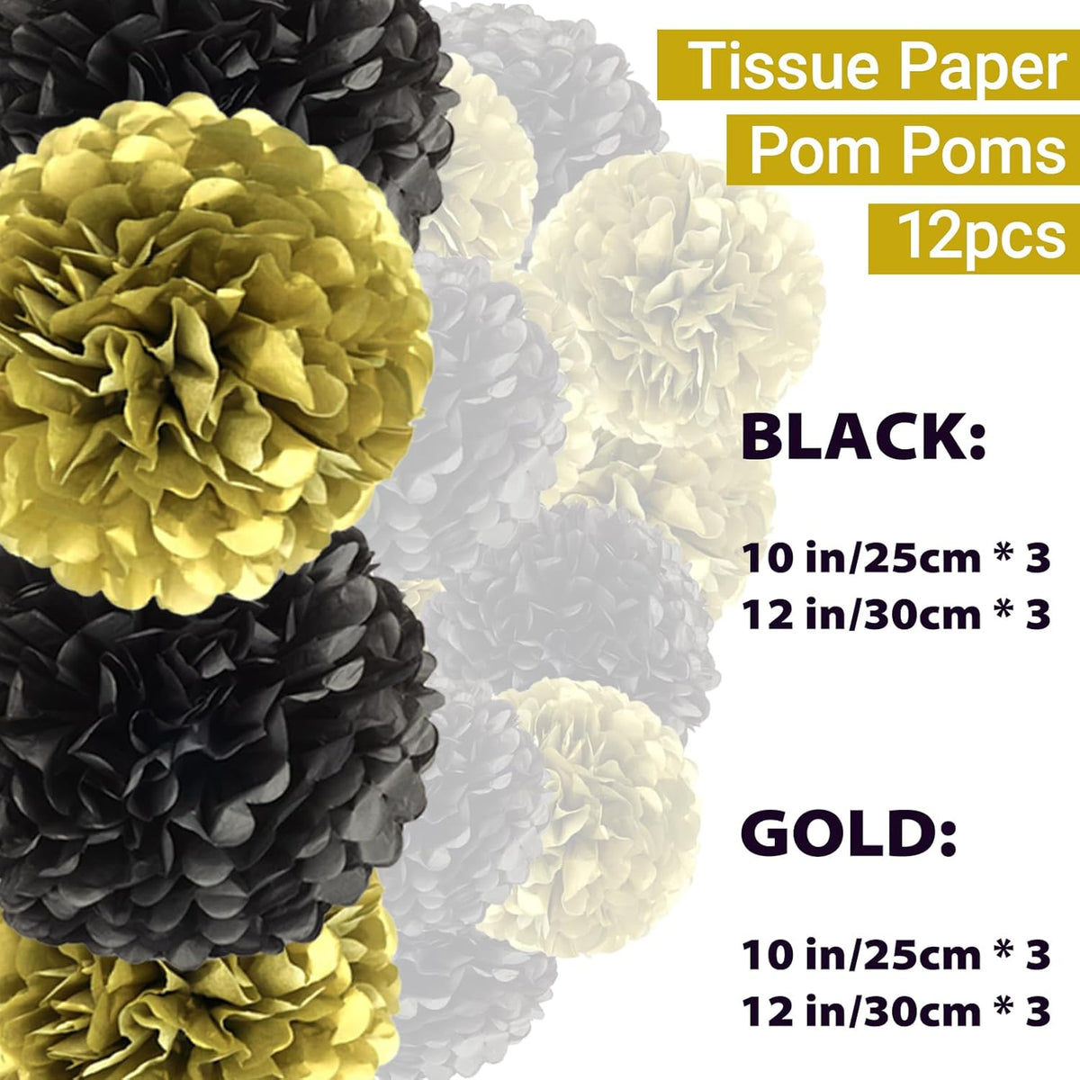 Capesaro Gold and Black Paper Pom Poms - 10",12" Tissue Decorations for Party Hanging Decor - 12