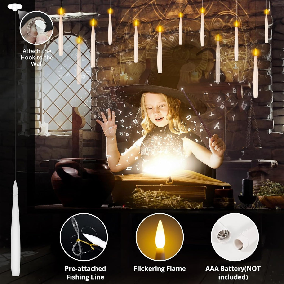 NURADA Floating Candles with Wand Remote Timer - Magic LED Hanging Flameless Taper Candles
