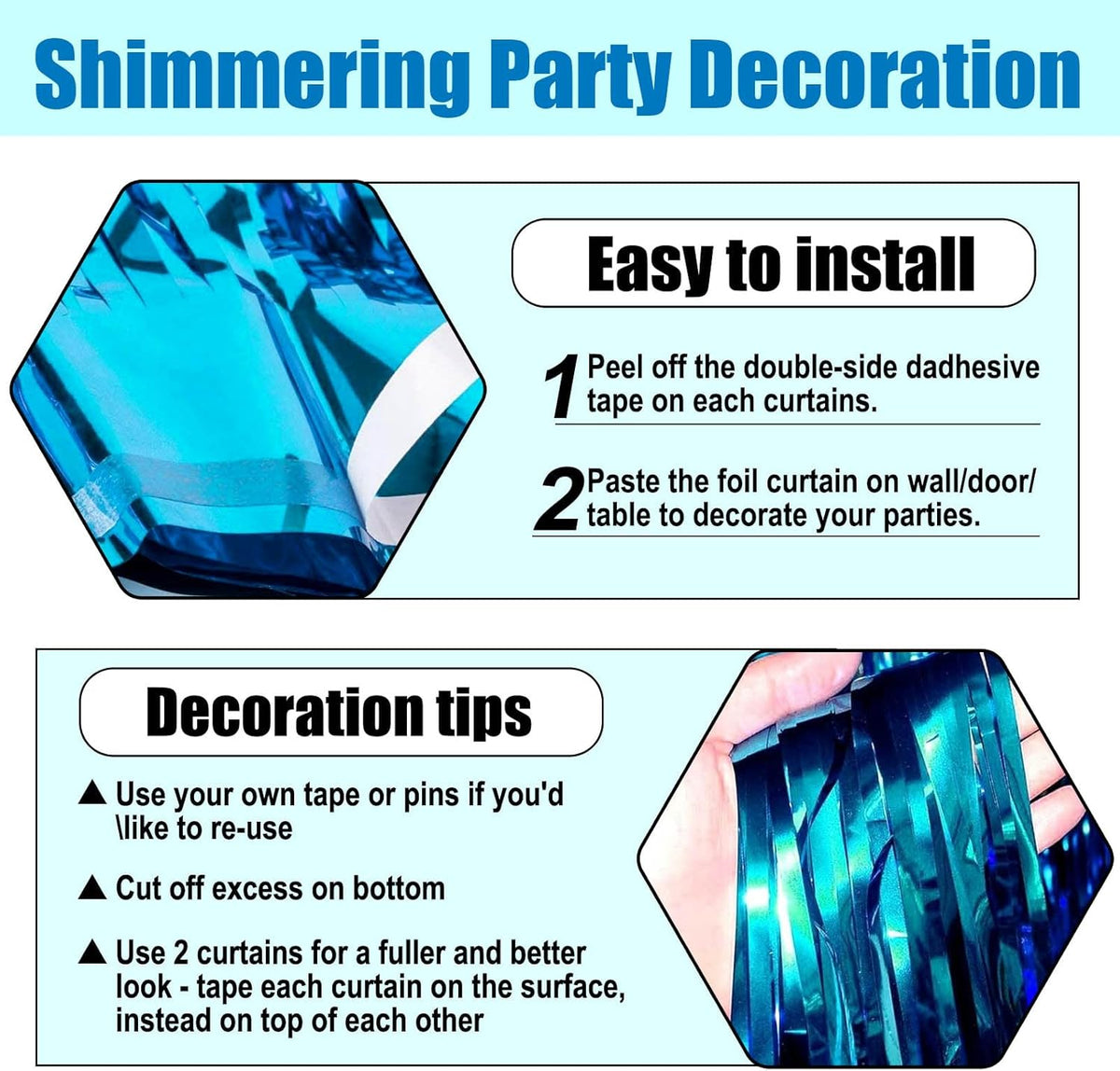 3 Pack Lake Blue Foil Fringe Curtain Backdrop, 3.28Ft x 8.2Ft Metallic Tinsel Foil Fringe Streamer