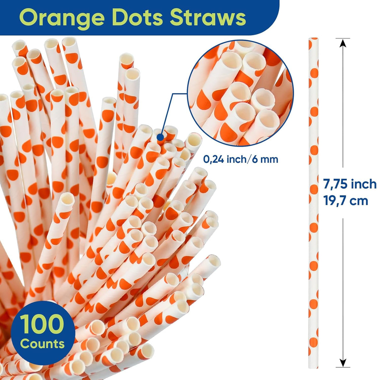Orange Polka Dots Paper Drinking Straws 7.75 inch Disposable 100 Counts - for Drinks, Juice
