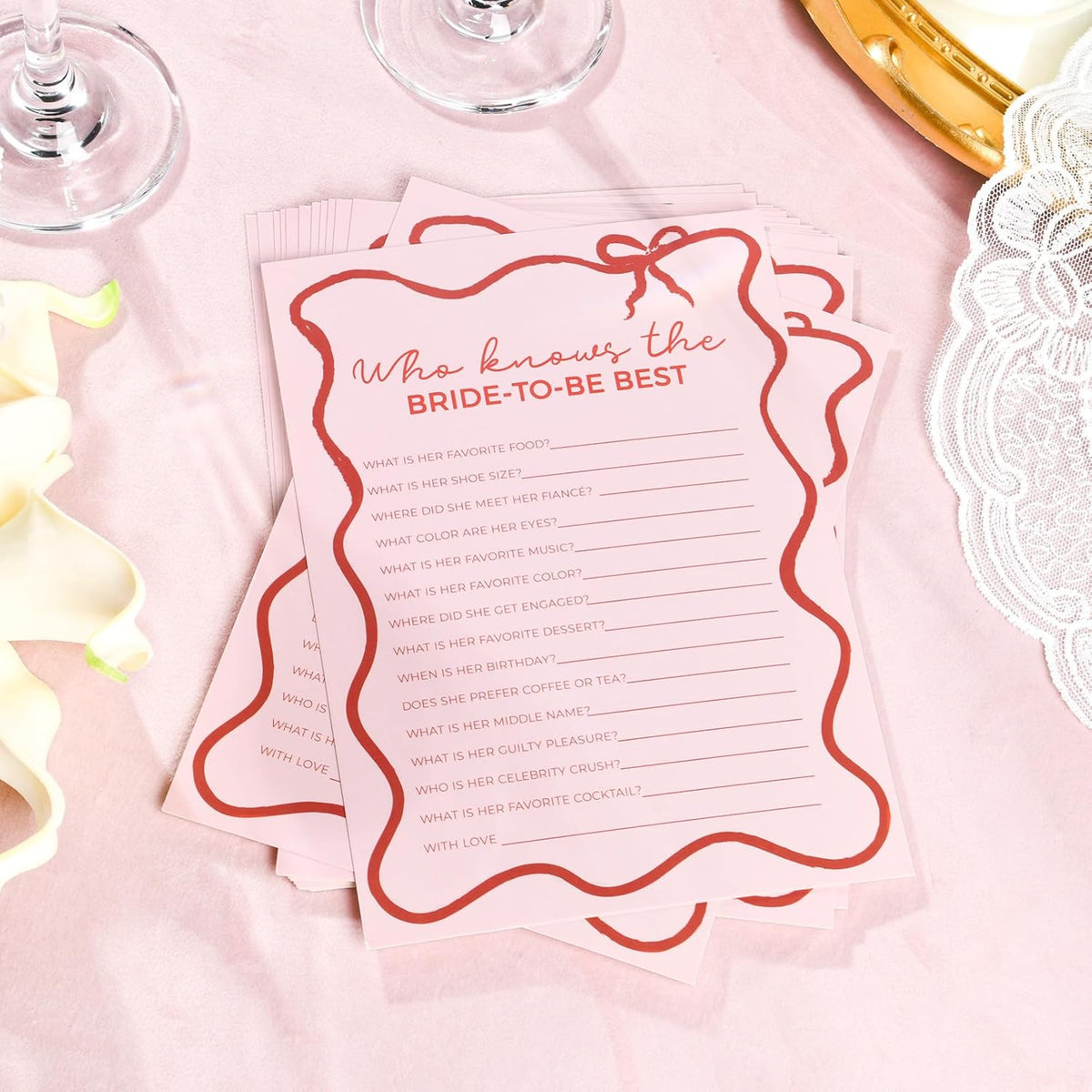 DEEKA 30 PCS Bridal Shower Games Card for 30 Guests Pink Wavy Border Ribbon Bow Funny Wedding
