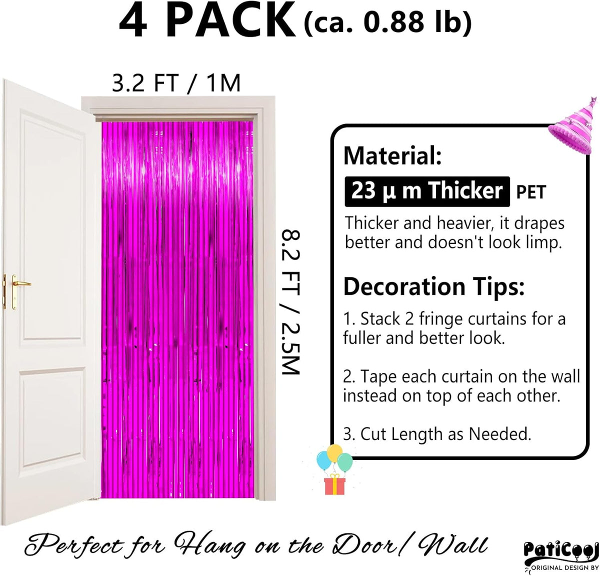 Hot Pink Streamers Party Decorations - Thicken 4 Pack 3.2x8.2 FT - Hot Pink Tinsel Foil Fringe