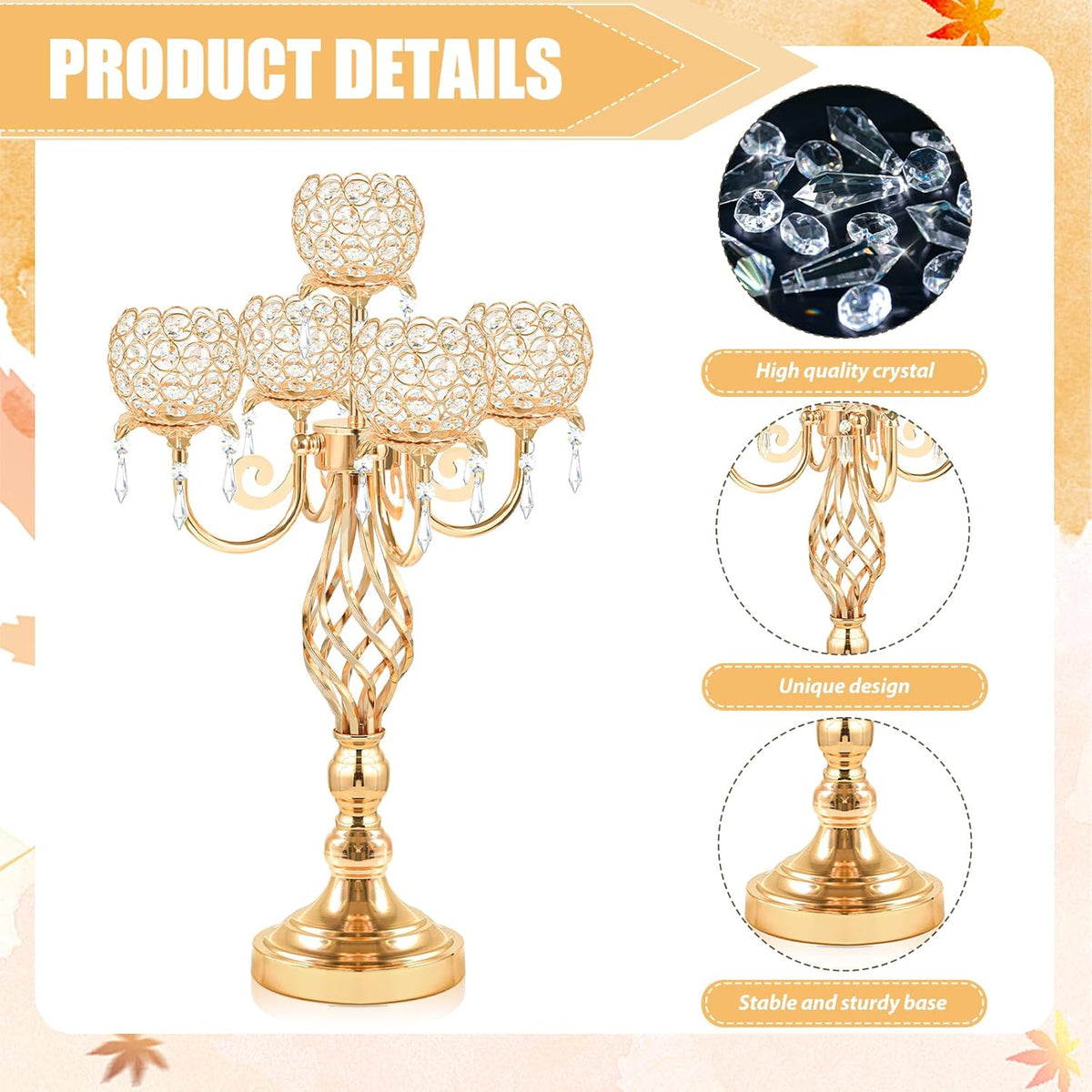 5-Arm Crystal Candelabra Centerpiece 23.2" Tall - Elegant Candle Holder Stand with Crystal Bowl