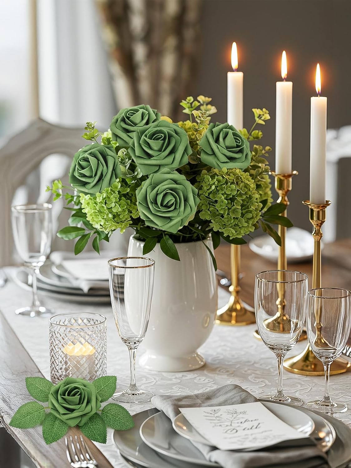 N&T NIETING Artificial Flowers Roses Army Green Foam Rose 50pcs Fake Flowers with Stem for DIY