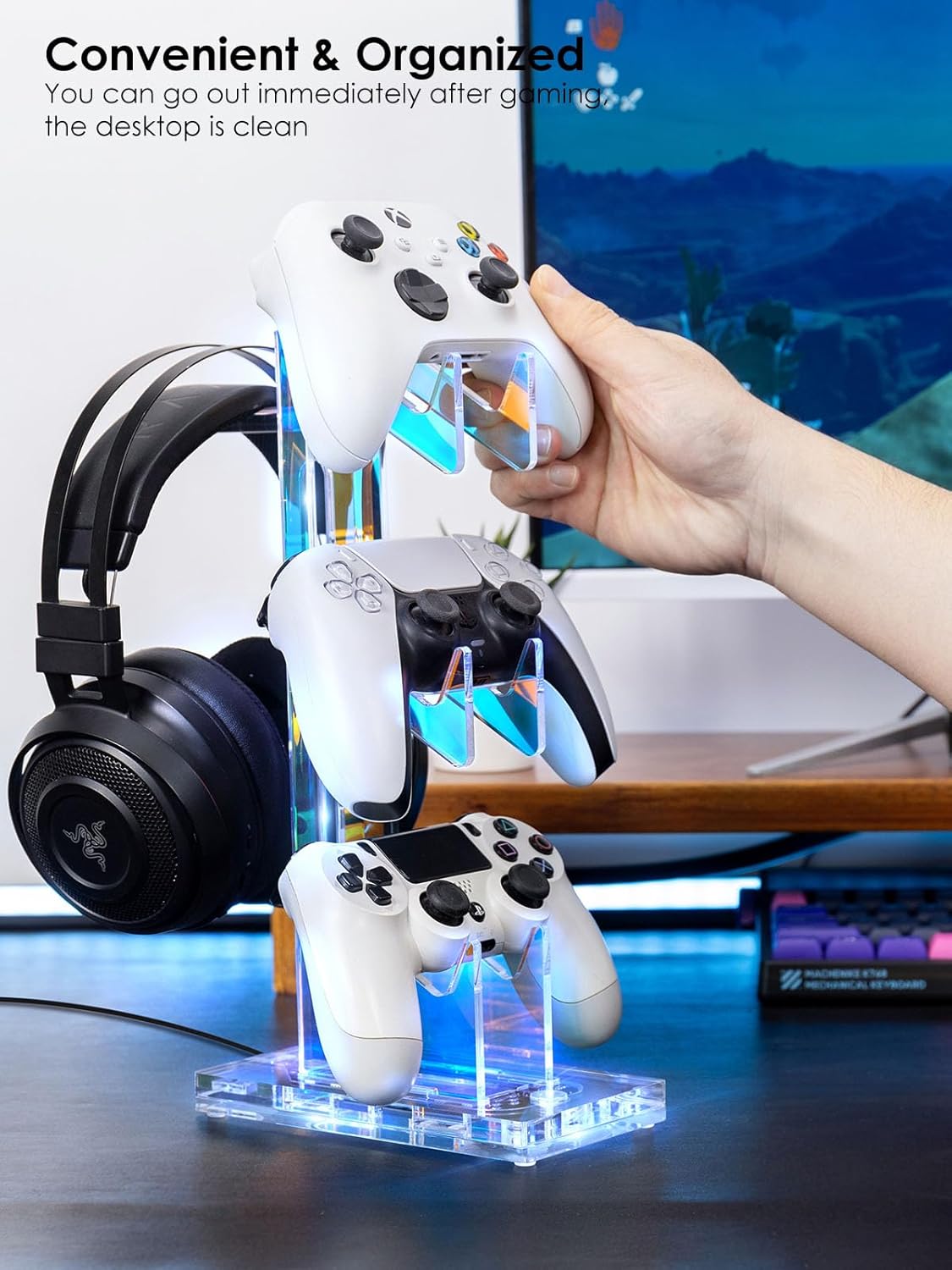 OAPRIRE Headset and Controller Stand with Lights, 3 Tier Acrylic Game Controller Holder, Controller