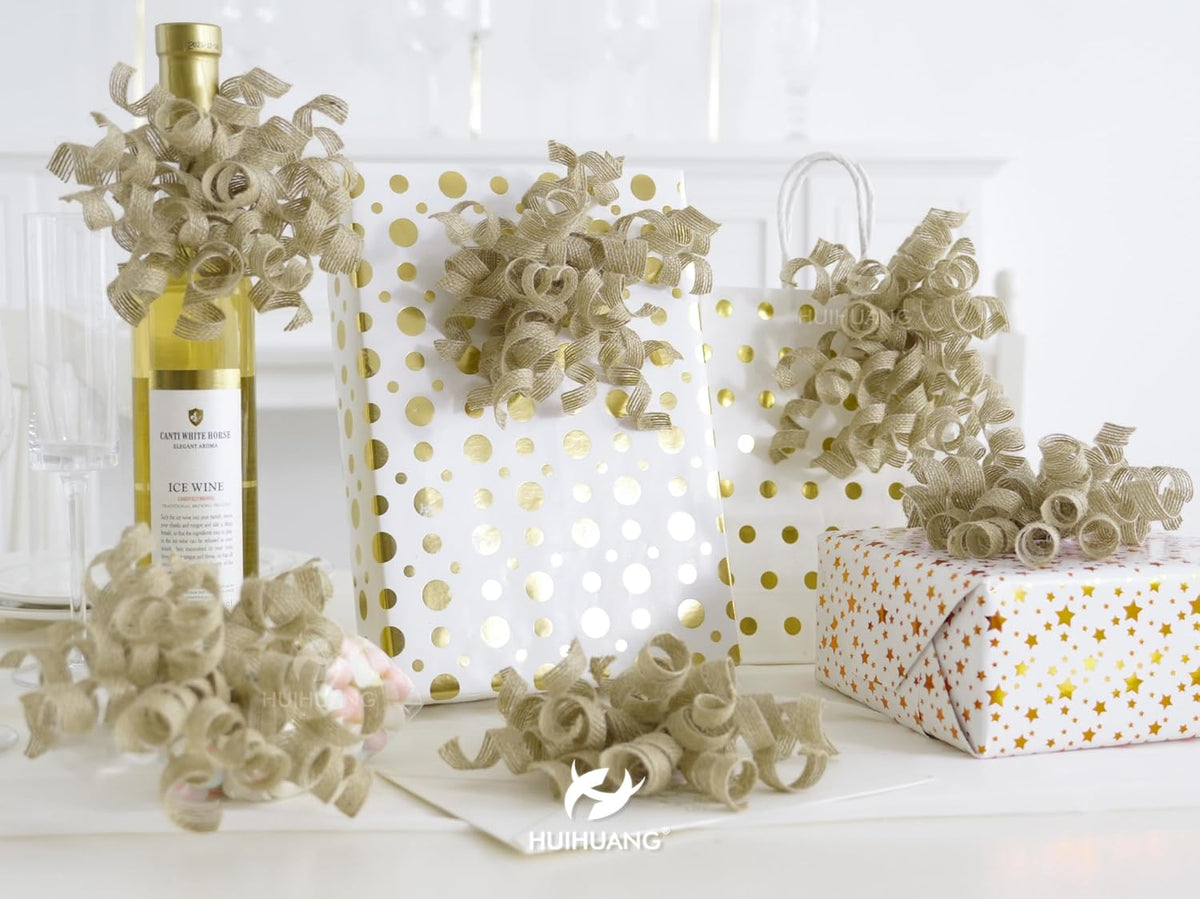 HUIHUANG Burlap Gift Bows Curly Bows for Gift Wrapping Self Adhesive Burst Gift Bow for Baby