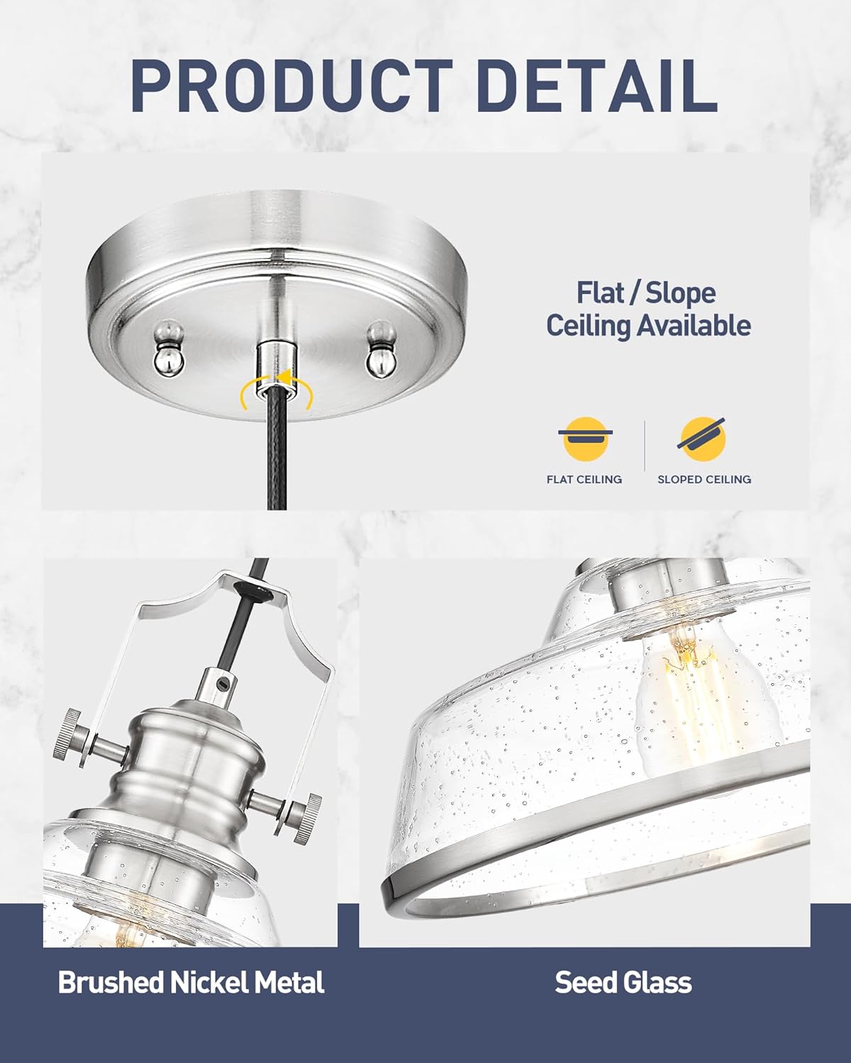 kudos Brushed Nickel Pendant Lights Kitchen Island, Large Pendant Light with Seeded Glass