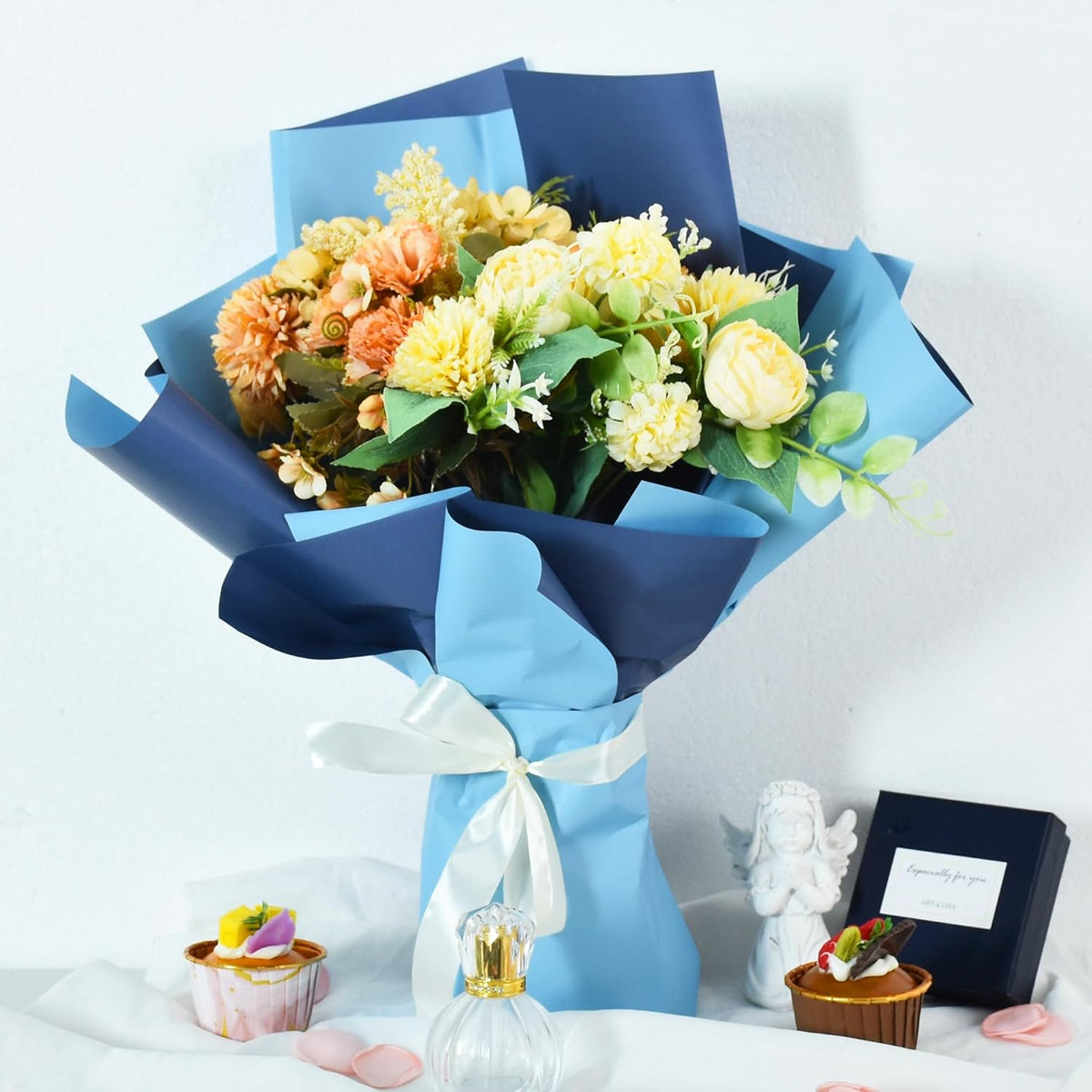 BEISHIDA 20Pcs Royal Blue and Sky Blue Double Sided Floral Wrapping Paper Matte Waterproof Flower