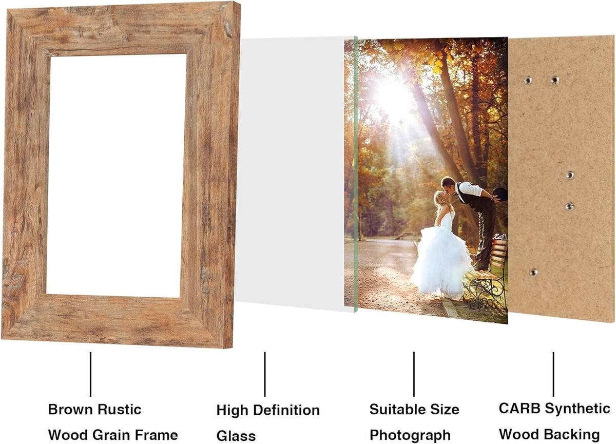 5x7 Picture Frame Set of 4, High Definition Real Glass Rustic Brown Frame, 5 x 7 Wood Photo Frames