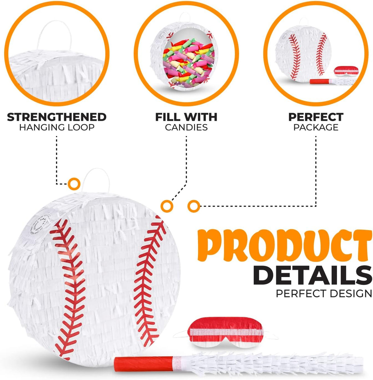Baseball Pinata Bundle with a Blindfold and Bat (13"x13"x4"), Baseball Pinata for Boys, Perfect for