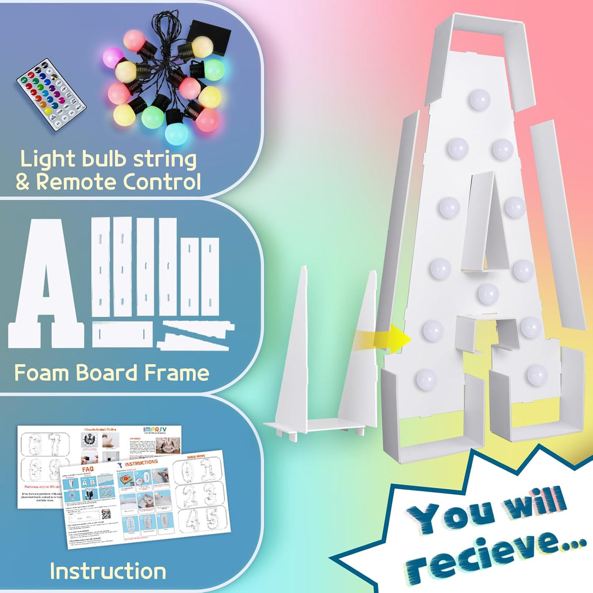 imprsv 4FT Colorful Marquee Light Up Letters A, 18 Colors Light Up Letters Alphabet Sign with